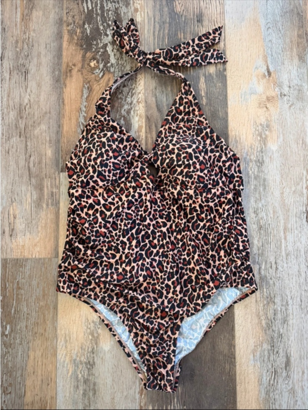 Kona Sol Leopard Print Halter One-Piece Swimsuit - Brown/Tan/Black